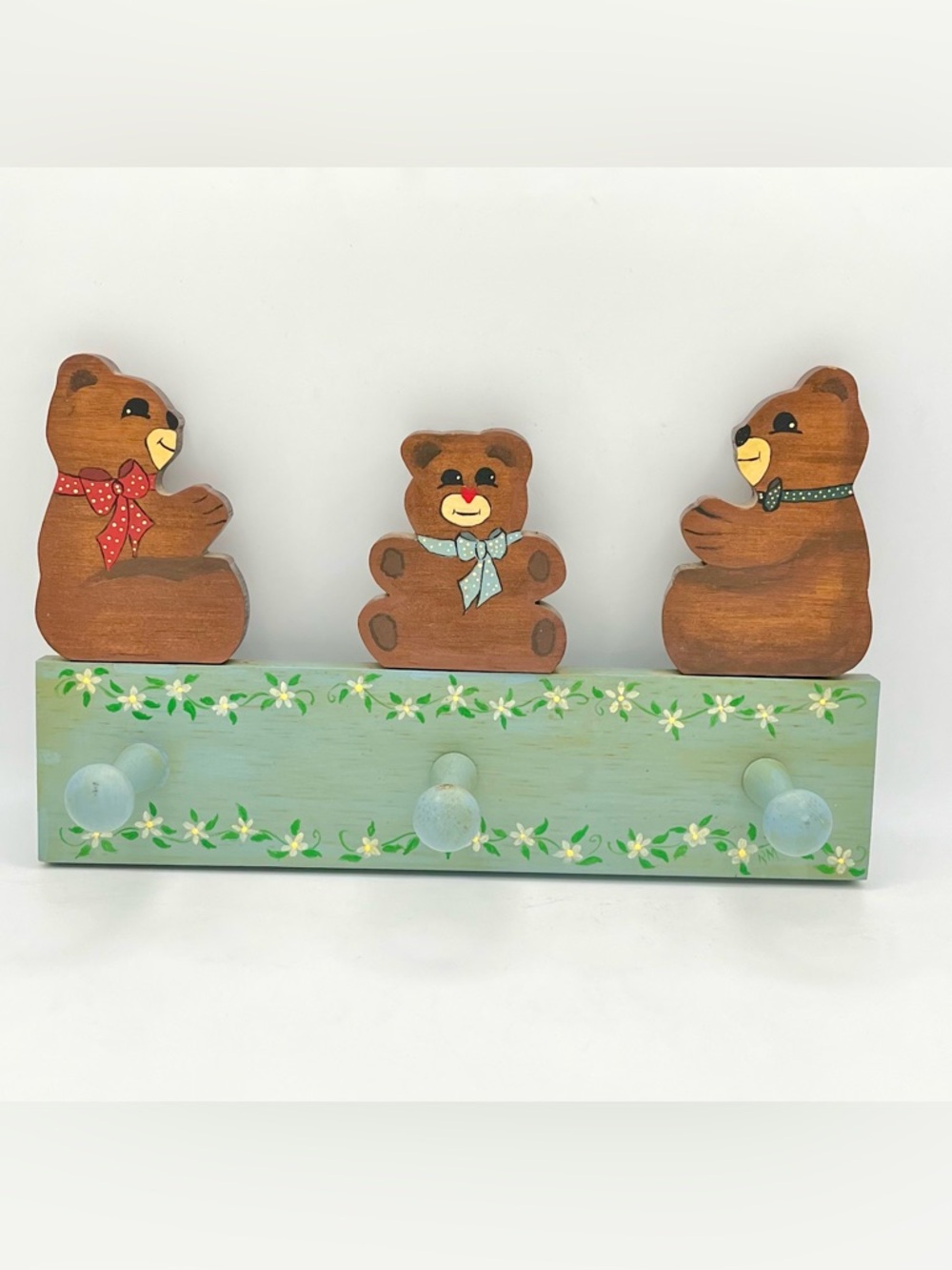Vintage Teddy Bear Wooden Wall Coat Rack Nursery Peg Hand Painted Cottage Baby